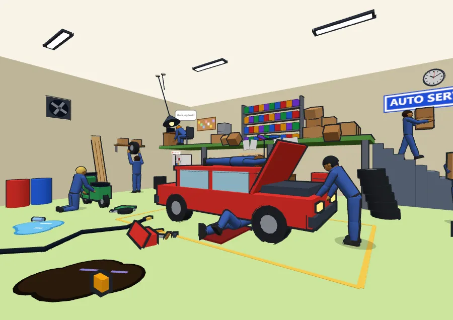 3D car repair garage with a mezzanine and a red car