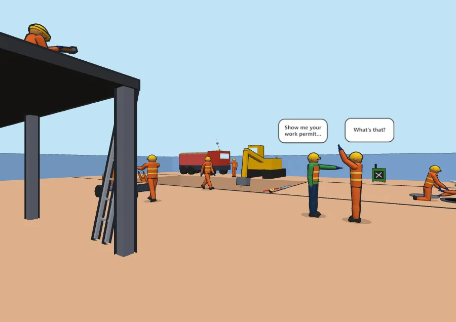 Illustration of a construction site with workers, an excavator and a crane