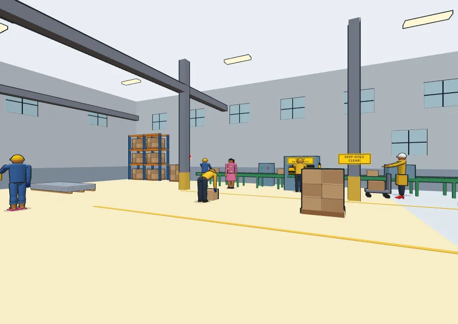 3D factory floor with an overhead crane, a conveyor and a forklift