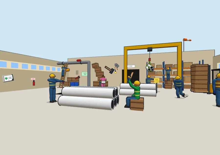 3D factory yard with crates, pipes, a ladder and a forklift