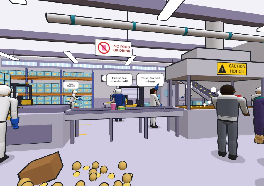 3D food factory with a frying line and a forklift