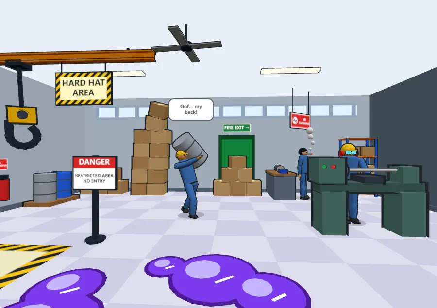 3D machine shop with a table saw and a fire exit