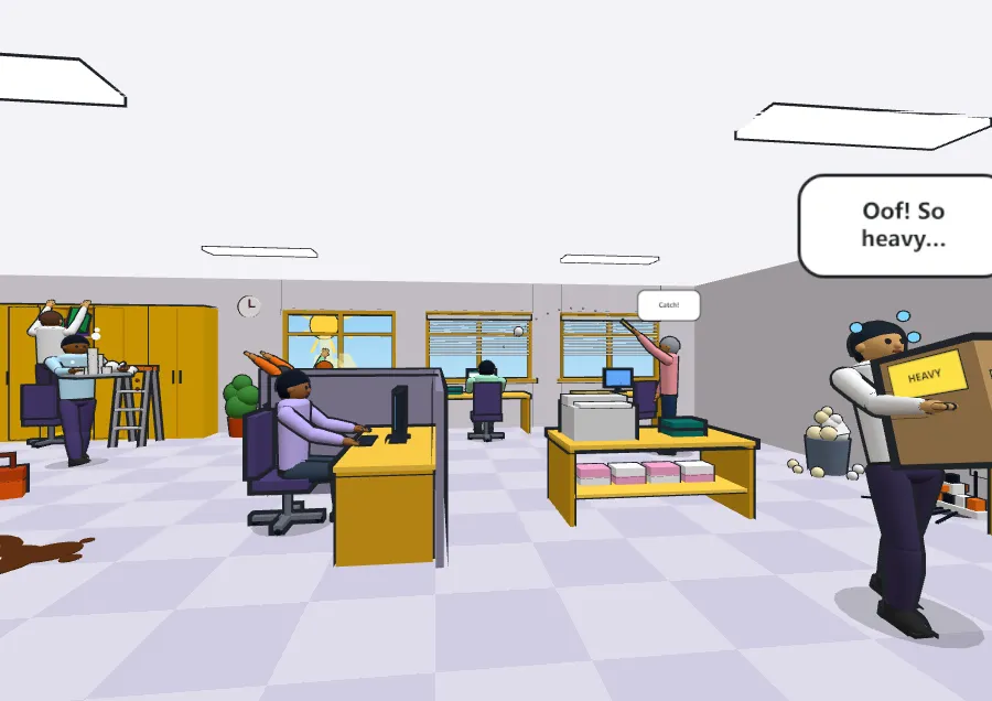 3D open-plan office with desks and cupboards