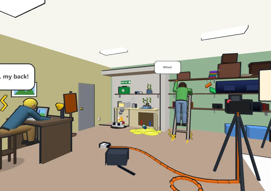 3D photo studio with a kitchenette, shelves and a ladder