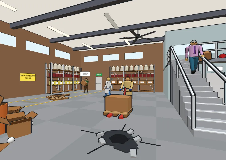 3D warehouse with shelving, stairs and a pallet truck