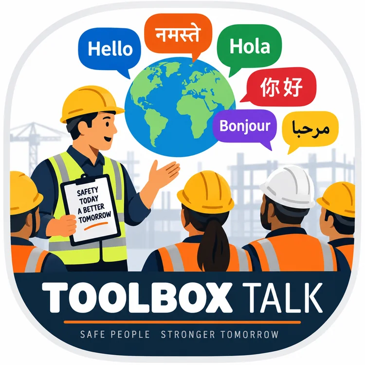 A supervisor giving a toolbox talk to workers, with greetings in several languages