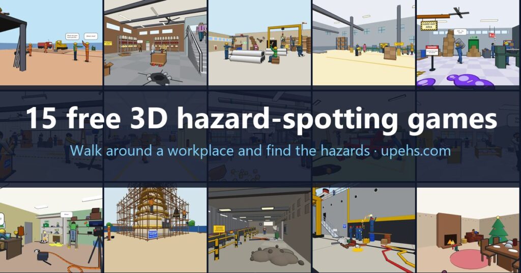 Collage of the 15 free 3D spot-the-hazard games: construction site, warehouse, factories, workshops, office, scaffolding, shipyard and a Christmas home