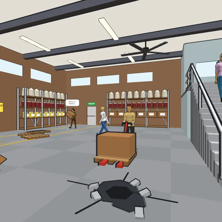 A 3D warehouse with hazards to find: a broken floor, a slipping load and a pallet truck